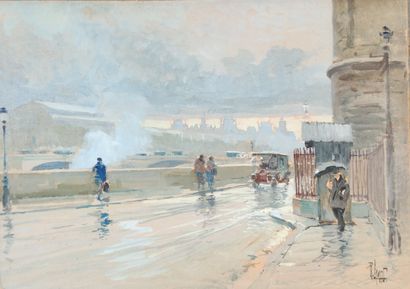  René LEVERD (1872-1938) Promeneurs et anciennes automobiles sur les quais à Paris....