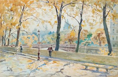  René LEVERD (1872-1938) promeneurs sur les quais en automne auprès du pont Sully...
