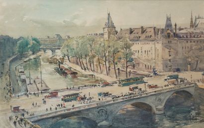  René LEVERD (1872-1938) Animation sur le pont Napoléon à Paris, 1922 Aquarelle signée...