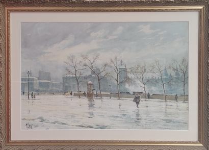 René LEVERD (1872-1938) Promeneurs en hiver à Paris près de la Conciergerie aquarelle...