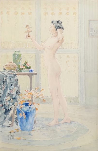 null 
René LEVERD (1872-1938)



Naked woman in an interior holding a statuette.

Watercolor...