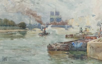 null 
René LEVERD (1872-1938)



Peniches et bateaux vapeurs sur la Seine auprès...
