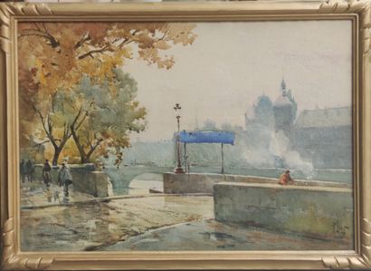  René LEVERD (1872-1938) promeneurs auprès de la Seine à Paris aquarelle signée en...