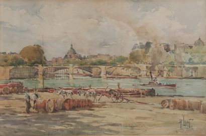  René LEVERD (1872-1938) marchands de vin, péniches et vapeur à Paris aquarelle signée...
