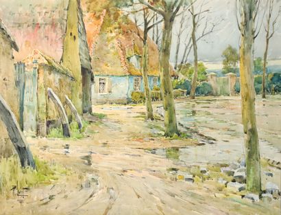  René LEVERD (1872-1938) Chaumières à Hesdin ...