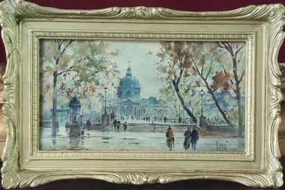  René LEVERD (1872-1938) Promeneurs sur la passerelle auprès de l'Institut à Paris...