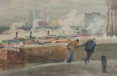  René LEVERD (1872-1938) Promeneurs et vapeur à quai sur la Seine à Paris aquarelle...