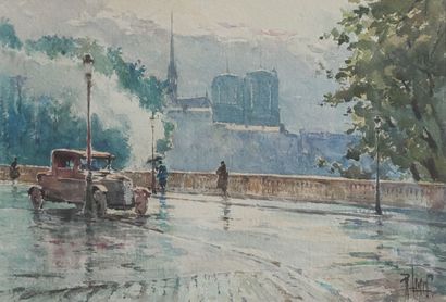  René LEVERD (1872-1938) Passant et vieille automobile sur les quais à Paris près...