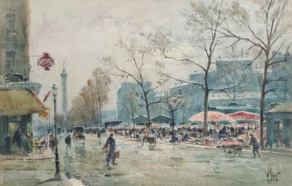  René LEVERD (1872-1938) Marché boulevard Richard Lenoir et la Bastille Aquarelle...