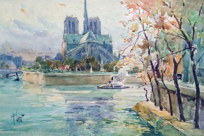  René LEVERD (1872-1938)  Vapeurs auprès de Notre-Dame sur la Seine. Aquarelle signée...