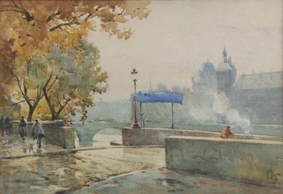  René LEVERD (1872-1938) promeneurs auprès de la Seine à Paris aquarelle signée en...