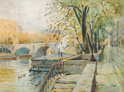  René LEVERD (1872-1938) les bateaux-lavoirs au niveau du pont Marie, sur la Seine...