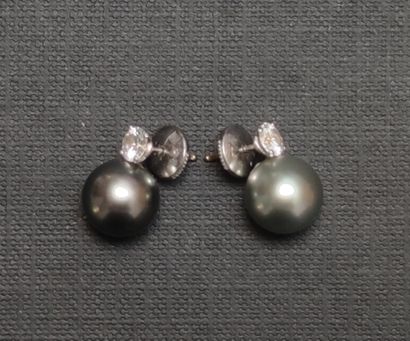 null TWO EARRINGS IN A PAIR, SET IN 750°/00 GOLD, each set with a gray pearl (slight...