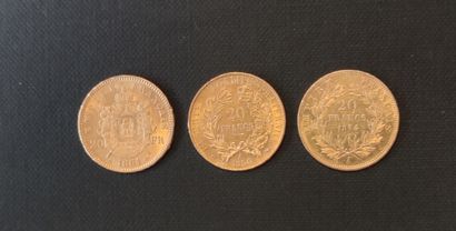 null 
Trois pièces de 20 francs or

Poids : 19.2 g (usures)

FRAIS DE VENTE POUR...