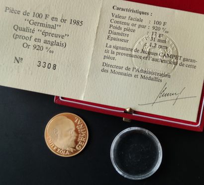 null 
PIECE de 100 francs en or jaune ,monnaie de paris 1985

Emile Zola "Germinal", Poids...