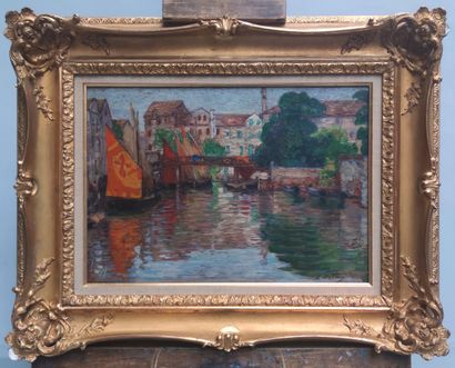 null 
Léon DETROY (1857-1955)

Barques à voile sur le canal

Huile sur panneau signée...