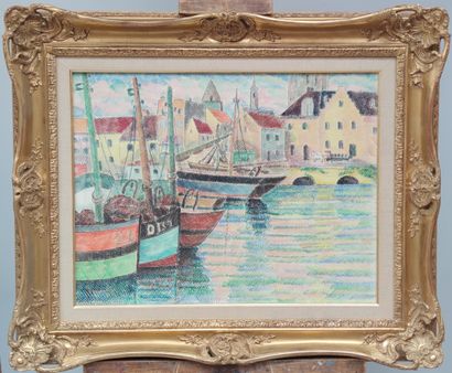 null 
Pierre DE BELAY (1890-1947)

Boats in the port of Ostend, 1946

Watercolor...