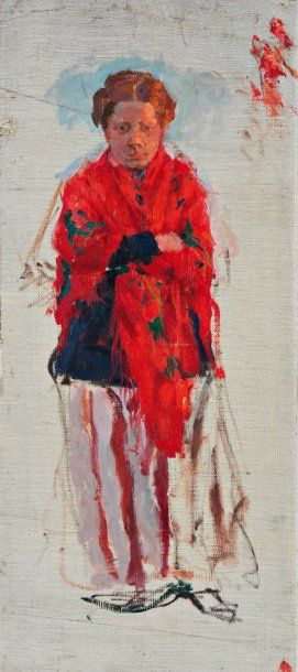 Ivan Georgievitch DROZDOV (1880-1939) Femme au châle rouge Huile sur toile signée...