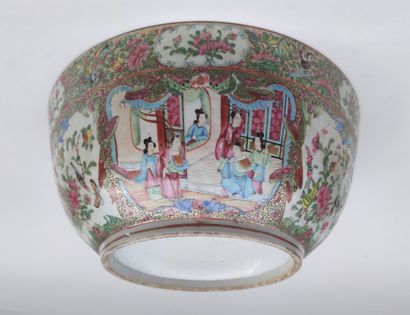 null Large porcelain cup decorated with palace scenes and birds among foliage, work...