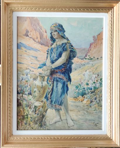 null René LEVERD (1872-1938)
Young Berber woman in a wadi landscape holding a jug...