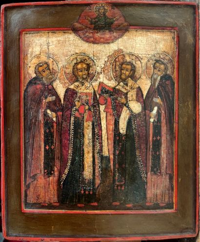ICONE représentant quatre Saints tenant livre...