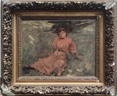null PIERRE BILLET (1837-1922)
Jeune femme allongée dans un pré.
Huile sur toile...