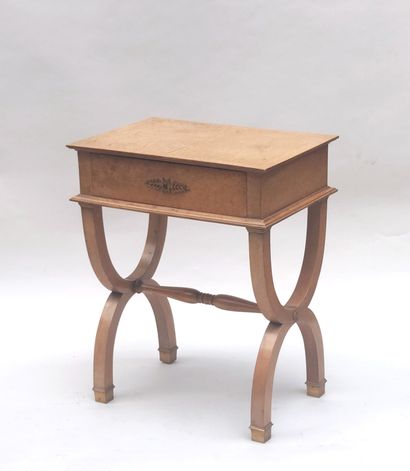 null Pair of light wood veneered HORSE TABLES each opening with a drawer in the waist,...