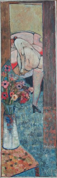 null Henri THOMAS (1930-2016)
Le modèle au bouquet de fleurs 
Huile sur toile signée...