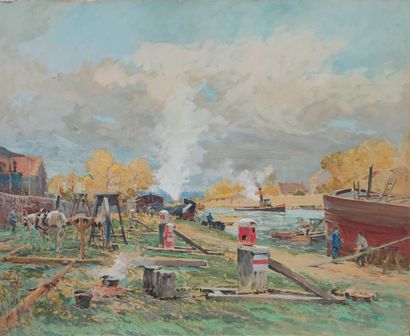 null René LEVERD (1872-1938)
Lively Seine bank in Saint Mammes
Watercolor on cardboard...