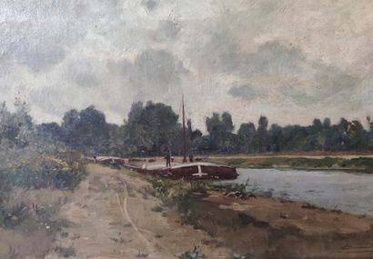 null Edmond YON (1836-1897)

Bateliers et péniches sur la rivière.
Huile sur toile...