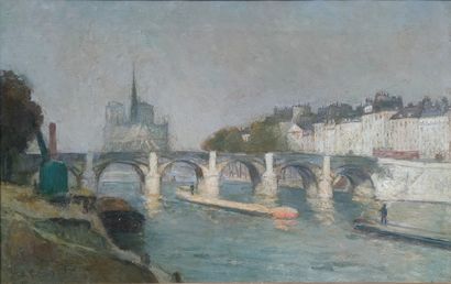 null ECOLE FRANCAISE DU XXe SIECLE Le Pont de la Tournelle, Paris 
Huile sur toile,...