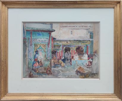 null René LEVERD (1872-1938)
Corner of a busy souk in Algiers
Watercolor signed and...