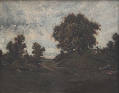 null Alfred Joseph DANNEQUIN (?-1890)
Paysage de campagne au vieux chêne. 
Huile...