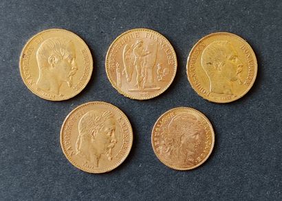 SET OF GOLD COINS INCLUDING : 
- Three 20-franc...