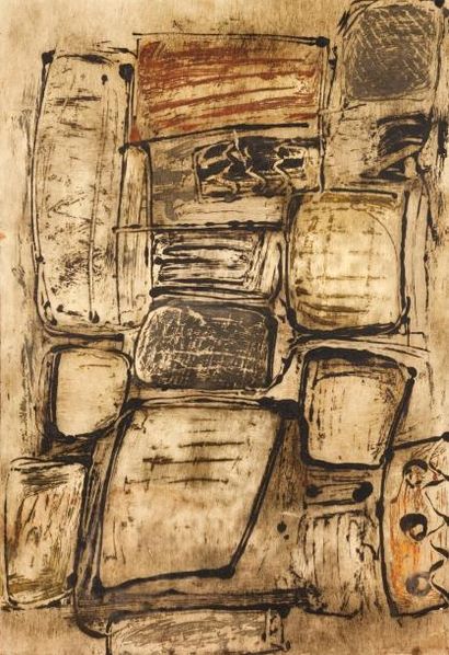 Saad HASSANI (1948) COMPOSITION Huile sur isorel. 90 x 62 cm (petites rayures)