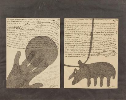 Jean-Luc PARANT (1944) ANIMAL FANTASTIQUE - JEU DE BALLON Encre sur papier, diptyque....