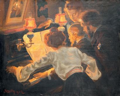 École française (XXe siècle) SCÈNE DE PIANO BAR, 1902 Huile sur toile signée «JUDITH»...