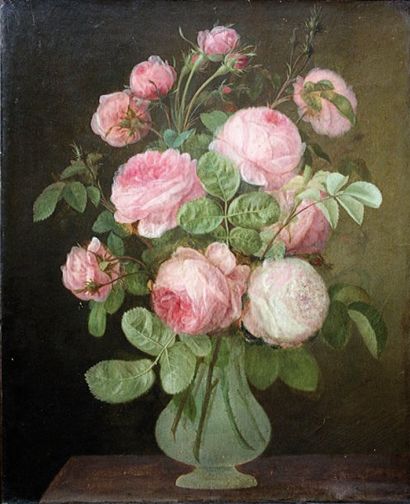 Gérard van SPAENDONCK (1746-1822) Bouquet de roses dans un vase. Huile sur toile...