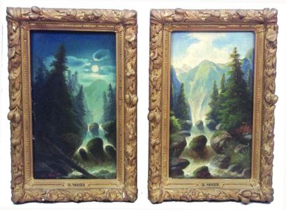 null Deux tableautins, huiles sur panneaux, scènes forestières avec torrent, formant...