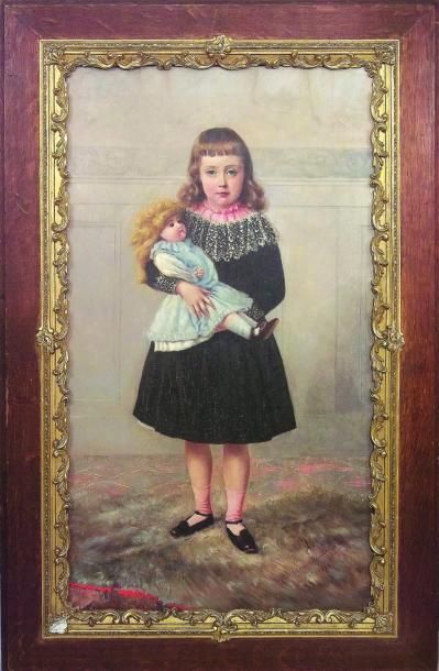 null «Fillette avec sa poupée» huile sur toile signée en bas à droite M EVIUS HENANVOURT...