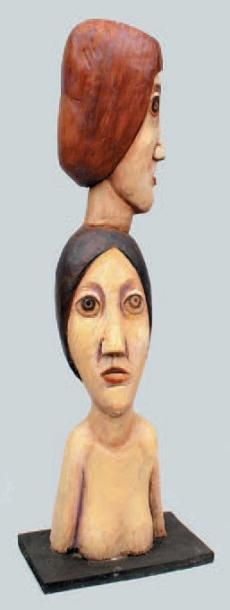 Pierre MERLIER (1931) TOTEM DE BUSTES DE FEMMES Sculpture, taille directe sur bois,...