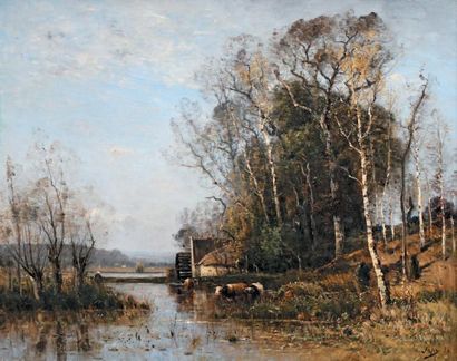 Louis-Aimé JAPY (1840-1916) LE MOULIN SUR LA RIVIÈRE, 1884 Huile sur toile, signée...