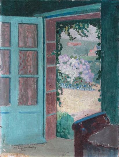 Maurice DENIS (1870-1943) 
LA PORTE OUVERTE SUR LE JARDIN, circa 1912 Huile sur carton,...