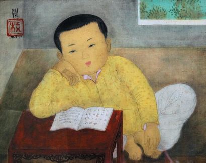 Trung MAI THU (1906-1980) JEUNE ENFANT LISANT Technique mixte sur toile de tissu...