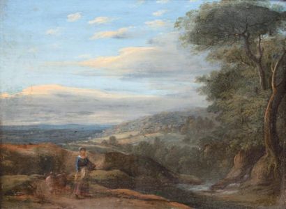 École Flamande du XVIIe siècle Bergère et ses moutons dans un paysage vallonné Huile...