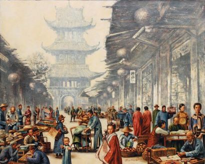 WANG Quing Quan (contemporain) Scène de marché en Chine Huile sur toile, signée en...
