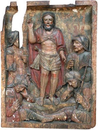 null PANNEAU représentant La Résurrection en bois de résineux sculpté en haut-relief...