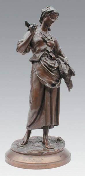 Eugène AIZELIN (1821-1902) Paysanne à la gerbe de blé Épreuve en bronze à patine...