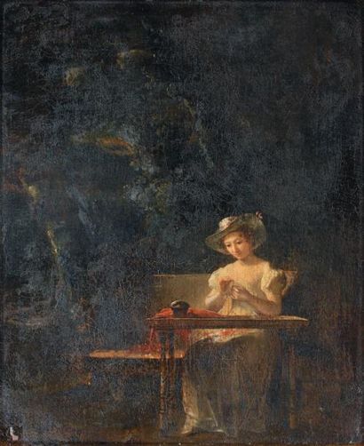 MARGUERITE GÉRARD (Grasse 1761-Paris 1837) JEUNE FEMME COUSANT DANS UN JARDIN Huile...