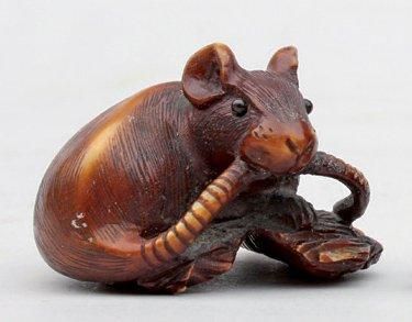 NETSUKE en bois représentant un rat se mordillant...